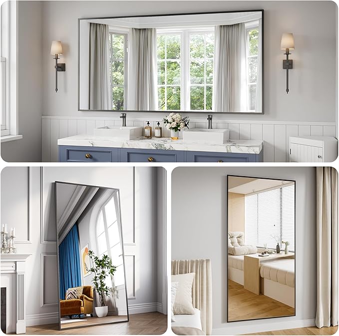 Bathroom Mirror 30x71 Matte Black Rectangle Bathroom Wall Mirror for Over Sink, Modern Large Vanity Mirror, HD Tempered Glass, Anti-Rust Aluminum Alloy Frame, for Living Room, Bedroom, Entryway