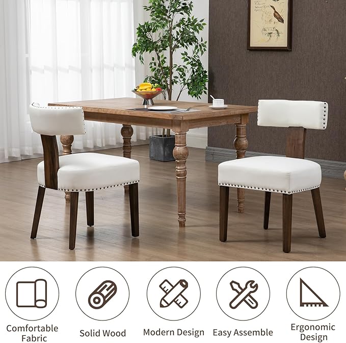 Upholstered Wooden Farmhouse Dining Chairs Set of 4, Mid-Century Modern Fabric Dining Room Chairs with Wood Legs, Curved Backrest Kitchen Armless Accent Chairs for Living Room, Beige