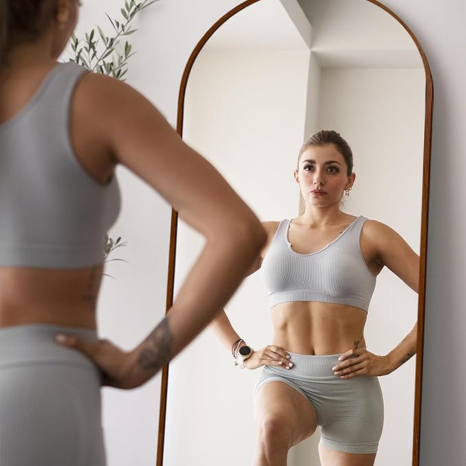 Arched 26x71 Inch Full Length Mirrors Aluminium Frame in Retro Reddish Brown Wood Looking Free Standing Floor Mirror Full Body Wall Mounted for Bedroom Living Room and Hallway