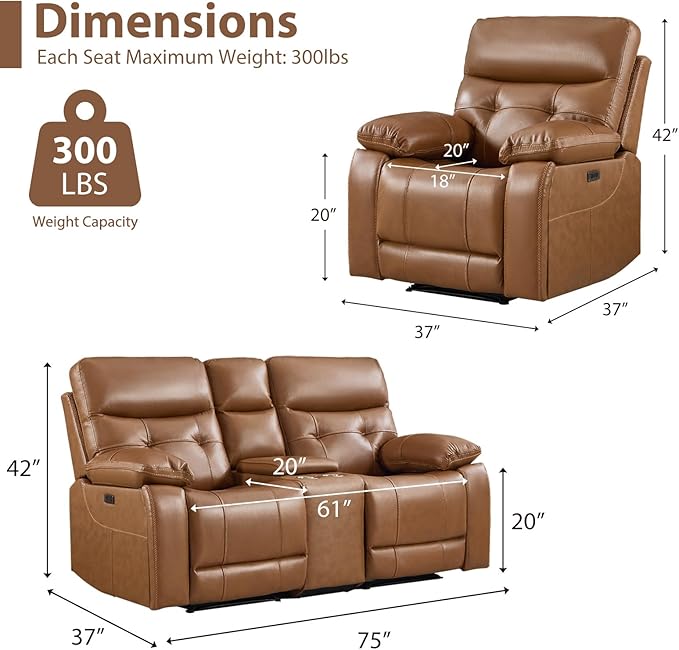 CANMOV Genuine Leather Power Recliner Sofa Set, Power Recliner Chair and Loveseat Set, 2 Pieces Leather Couch with Storage Console, USB Ports, Cup Holders for Living Room,Brown