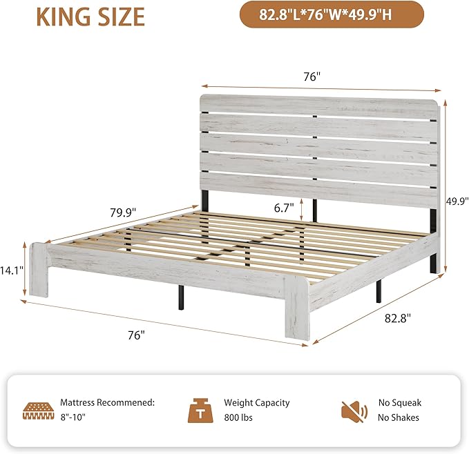 King Size Bed Frame with Wooden Headboard and Footboard, Rustic Platform Bedframe with Wood Slat Support, No Box Spring Needed, Under Bed Storage, Easy Assembly, White