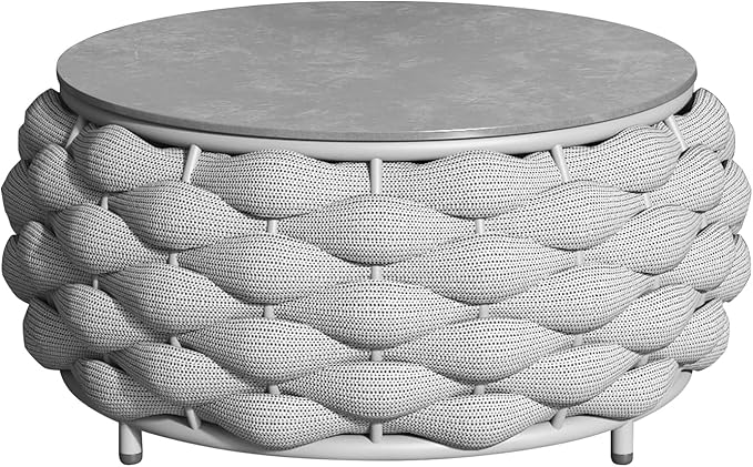 Round Coffee Table for Indoor & Outdoor Use, Aluminum Patio Furniture with Handwoven Ropes, Weather-Resistant for Garden, Terrace & Poolside (Gray)