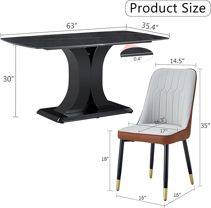Modern Dining Table Set for 6, Marble Kitchen Table Chair Set for 6, Rectangular Kitchen Table with 6 Pu Leather Upholstered Chair for Dining Room