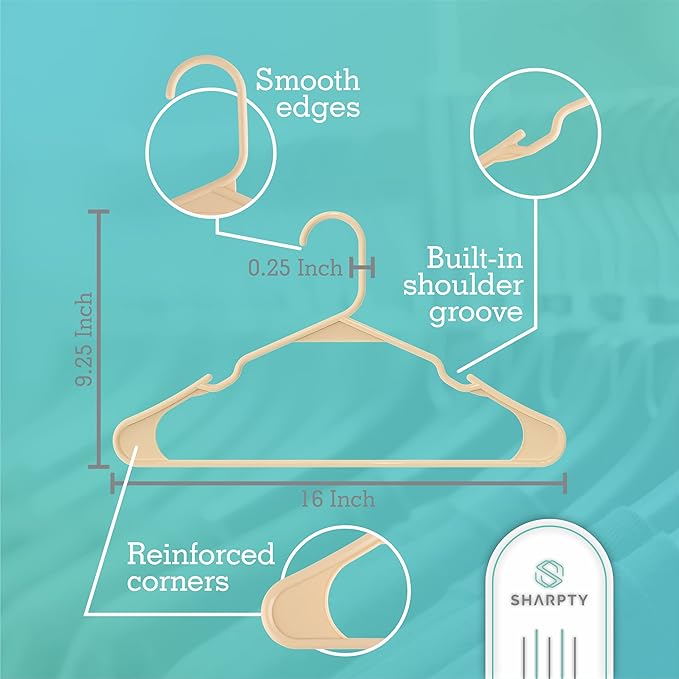 Sharpty Plastic Hangers Clothes Hangers for Clothing, Closet, Coats & Shirts - Notched, Durable, Thick, Tough & Space Saving - for Everyday Standard Use, Room Essentials & Basics - 20 Pack - Beige