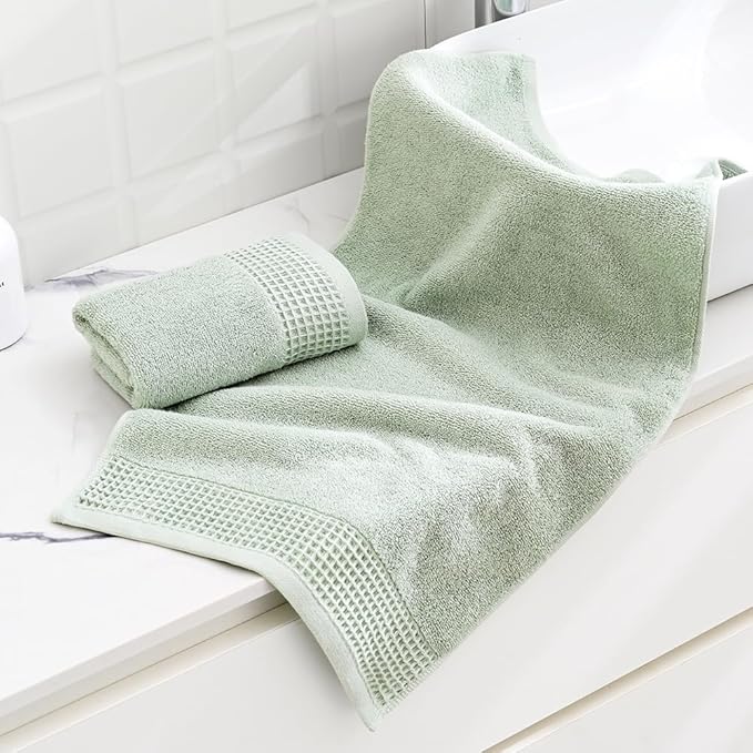 sense gnosis Green Hand Towels Terry & Waffle Weave Design Premium 100% Cotton 2 PC Towel Set Soft Absorbent Quickdry Spring Decorative Bathroom Hand Towel 13X 29 Inch