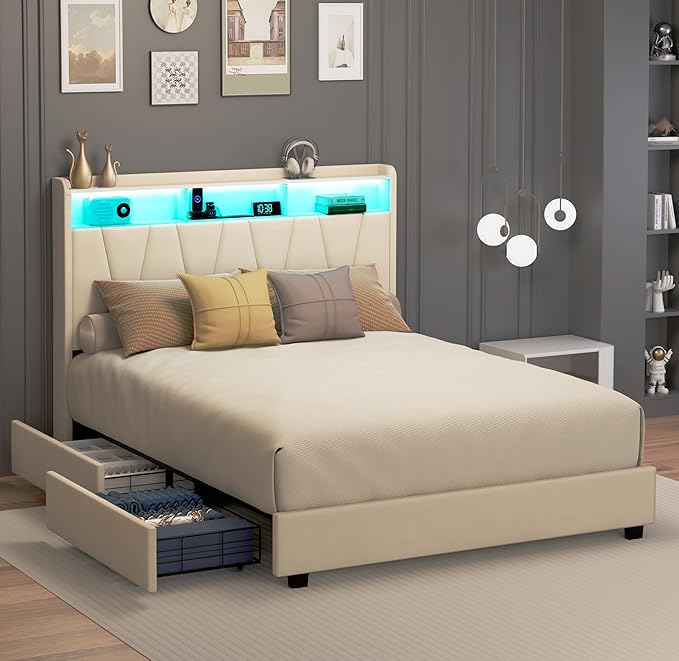 Full Size Bed Frame, Velvet Upholstered LED Platform Bed with Headboard Storage, Bed Frame Full Built-in Charging Station with 4 Drawers, Wood Slat Support, No Box Spring Needed, Beige