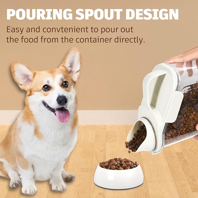 Dog Food Storage Container, Pet Food Container with Airtight Pour Spout, Cat Food Storage Container with Measuring Cups, Portable Pet Food Container for Dogs, Cats, Birds（White）
