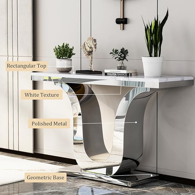 Silver Console Table, White and Silver Living Room Sofa Table, 50" Modern Console Table for Entryway, Living Room, Office, Foyer, Front Hall, Hallway