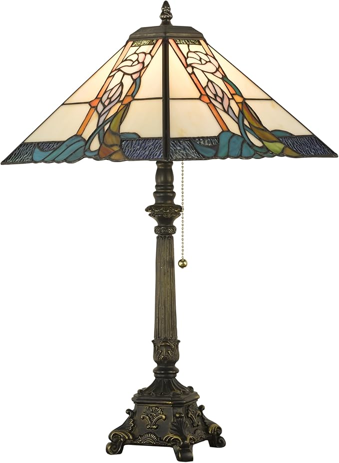 Tiffany Table Lamps Milky White Stained Glass Bugle Flowers Style Mission Desk Lamp 12X12X24 Inch Bronze Resin Base