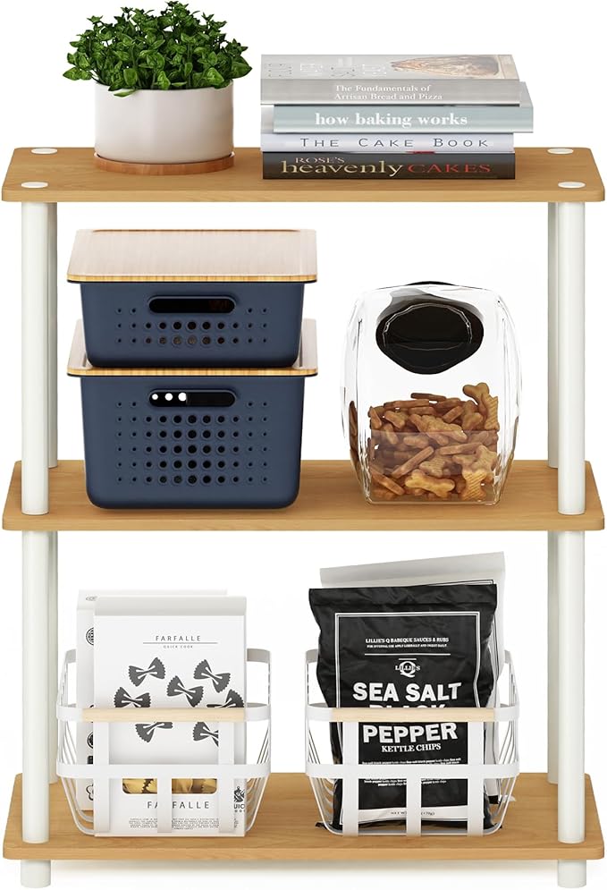 Furinno TURN-N-TUBE Storage Shelves, 3-Tier Book Shelf, Corner Shelf, Toolless Open Shelves, for Organization and Storage, Living Room, Garage, Home Office, Beech