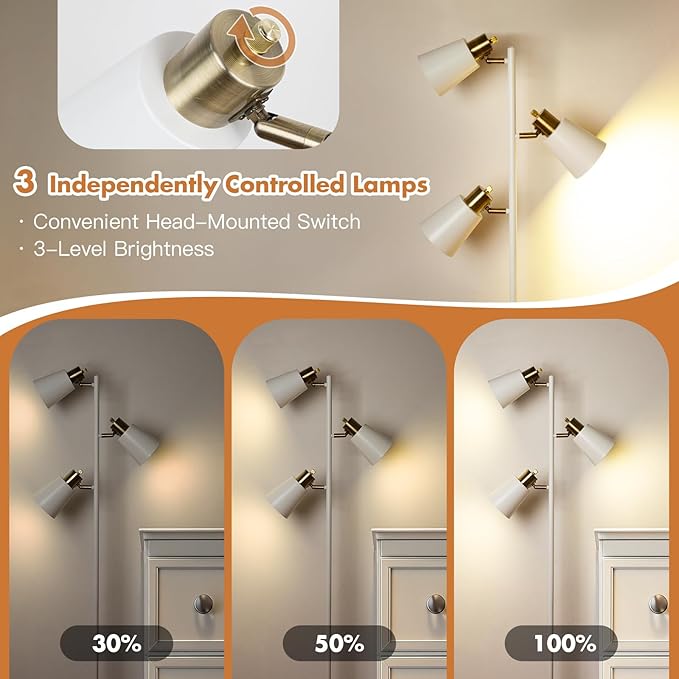 Tree Floor Lamp for Living Room, Industrial 3-Light Standing Lamp with 3 LED Bulbs, Adjustable Rotation Heads, Standing Tall Pole Lamp Farmhouse Rustic Reading Lamps for Bedroom Office (White Gold)