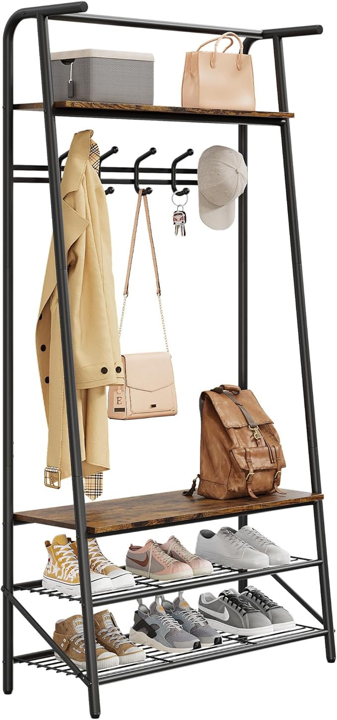 MDF Hall Tree with Bench, 4-in-1 Entryway Coat Rack with Storage Shelf & Shoe Organizer, Sturdy Freestanding Furniture for Living Room, Bedroom, Mudroom