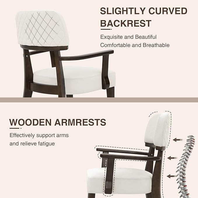 Modern Wood Dining Chairs with Arms Set of 6, Velvet Upholstered Kitchen Chairs with Open Curved Backrest & Black Hardwood Legs, Accent Chairs 350 LBS Capacity, White