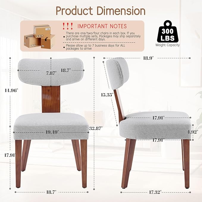 Dining Chairs, Mid-Century Modern Upholstered Kitchen Chairs with Curved Backrest and Linen Fabric Seat, Wood Leg Accent Chairs for Dining Room, Living Room, Bedroom, Grey