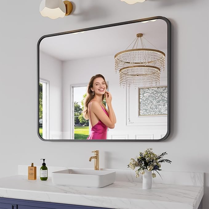 Koonmi Bathroom Mirror, 32X40 Brushed Black Metal Framed Wall-Mounted Mirror for Over Sink, HD Tempered Glass, Anti-Rust, Rounded Rectangle Mirror for Restroom, Bedroom, Hangs Horizontal or Vertical