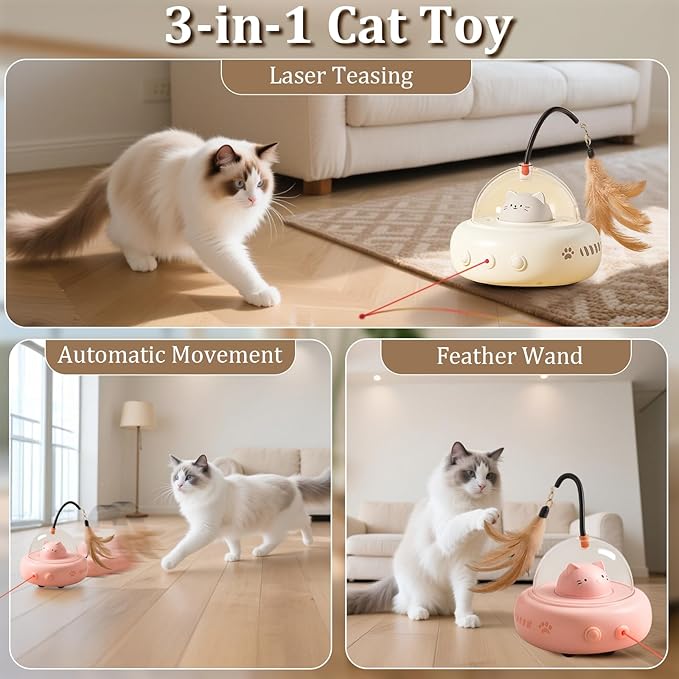 Laser Cat Toy, 3 in 1 Interactive Toy for Cats, Rechargeable Wand and Chasing Interactive Pet Toy for Bored Indoor Cats Kittens 3 Extra Replaceable Teaser Wand Heads