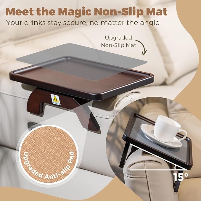 Couch Armrest Table, Foldable Bamboo Sofa Arm Tray for Couch with a Non-Slip Pad, Clip On Couch Arm Table for Remotes/Eatting/Drinks, Fits Sofa Armrest 3.5"-13.5" Brown