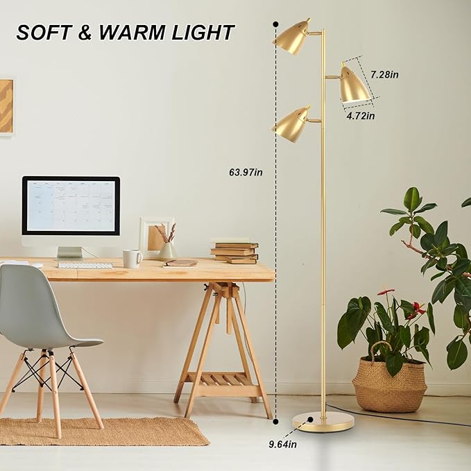 Tree Floor Lamp for Living Room, Industrial 3-Light Standing Lamp with 3 LED Bulbs, Adjustable Rotation Heads, Standing Tall Pole Lamp Farmhouse Rustic Reading Lamps for Bedroom Office (Gold)