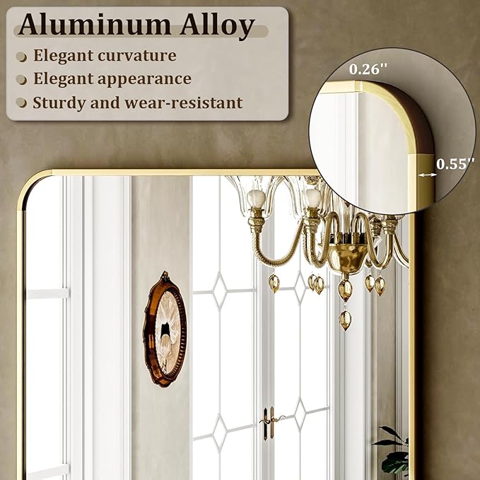 VooBang Round Corner Mirror Full Length, 66" x 23" Floor Mirror with Stand, Matte Aluminum Alloy Frame Full Body Mirror, Standing Hanging or Leaning for Bedroom and Living Room, Gold