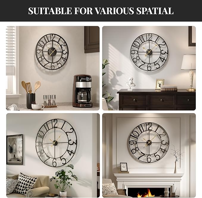 Large Wall Clock, 20 Inch Decorative Wall Clocks for Living Room, Modern Metal Battery-Operated Arabic Numerals Round Black Clock Silent Non Ticking for Kitchen Mantel Bedroom Office