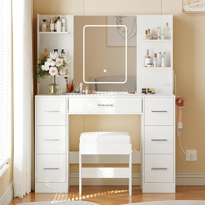Hetoy Vanity Desk with Mirror and Lights - Makeup Vanity Desk with Chair - Dressing Table with 7 Drawers and Hair Dryer Rack for Bedroom