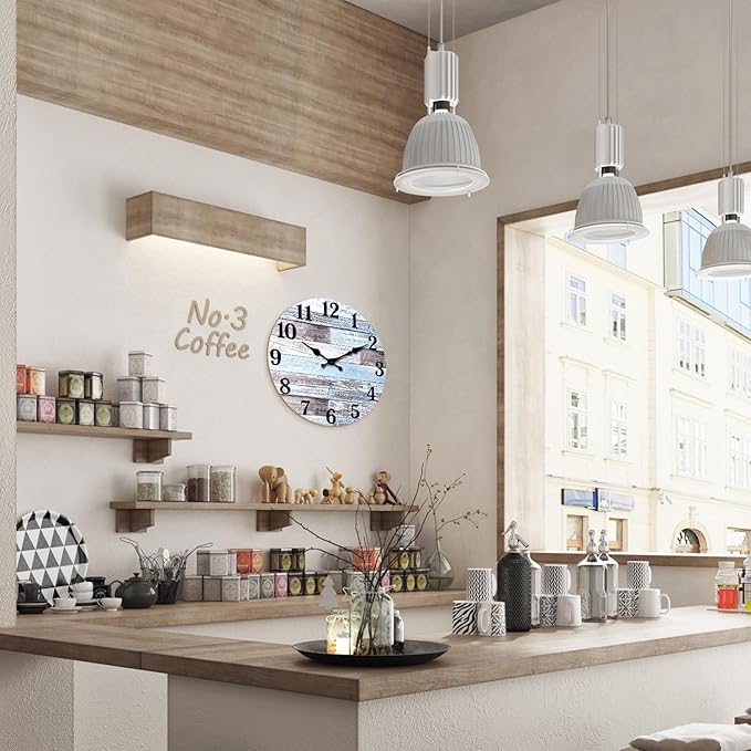 XNM Blue Wood Wall Clocks for Living Room Decor Farmhouse Wall Clocks Battery Operated 12 Inch Analog Rustic Wall Clock Silent (MDF No Solid Wood)