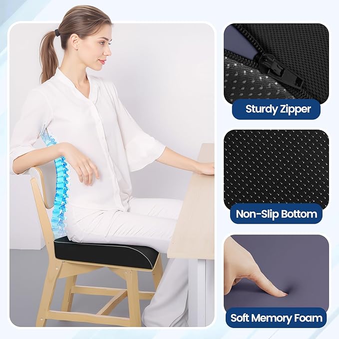 Seat Cushion for Tailbone Pain Relief, Office Chair Cushion, Memory Foam Large Chair Cushion with Non-Slip Cover for Soft Support at Office Chair, Car Seat, Airplane Black/XLarge