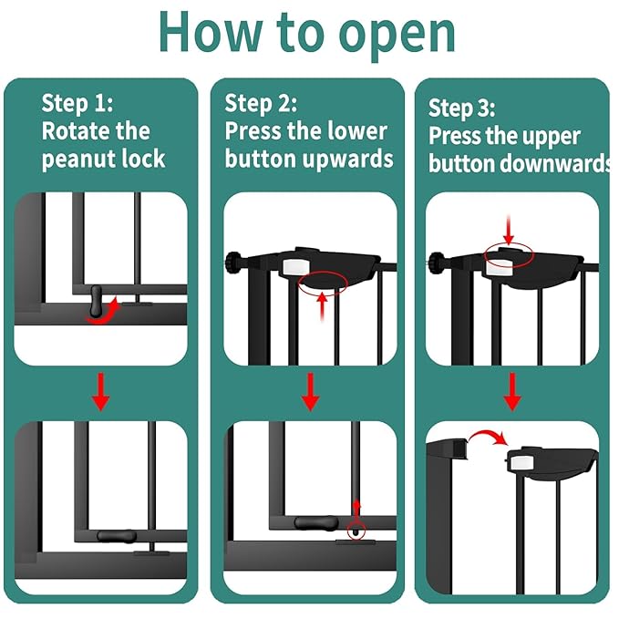 ALLAIBB Triple Lock Extra Wide Baby Gate Pressure Mounted Walk Through Safe Auto Close Black Metal Dog Pet Puppy Cat for Stairs,Doorways,Kitchen 49.21-66.54"