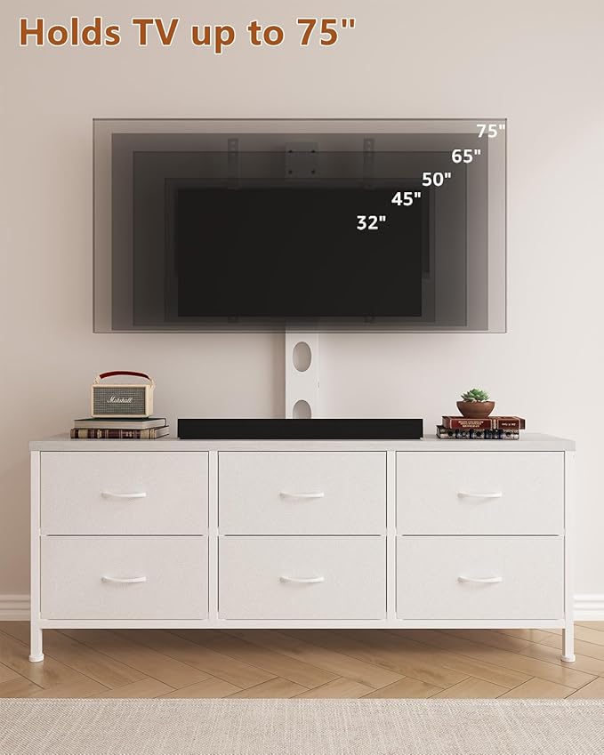 TV Stand with Mount, Fabric Dresser with 6 Drawers for 32/45/55/60/65/75 inch TVs, White Dresser Entertainment Center, Modern Media TV Console Table