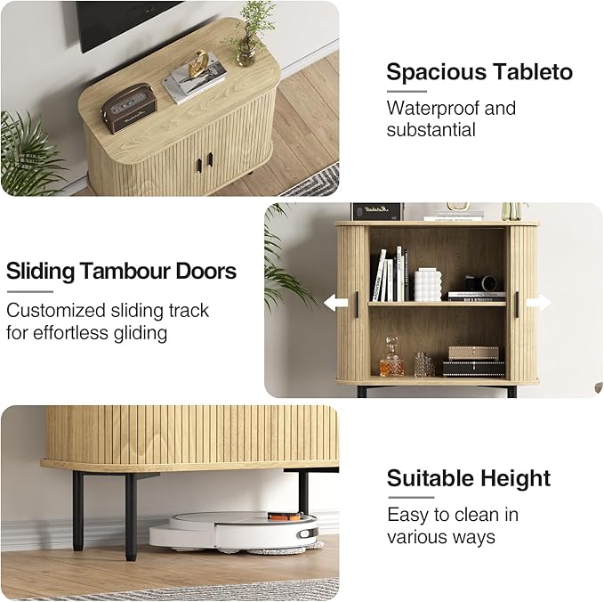 31''W Natural Buffet Sideboard Cabinet with Storage, Fluted Storage Cabinet with Curvy Edge; Sliding Door, Freestanding Accent Credenza, Console Table for Living Room, Kitchen, Hallway