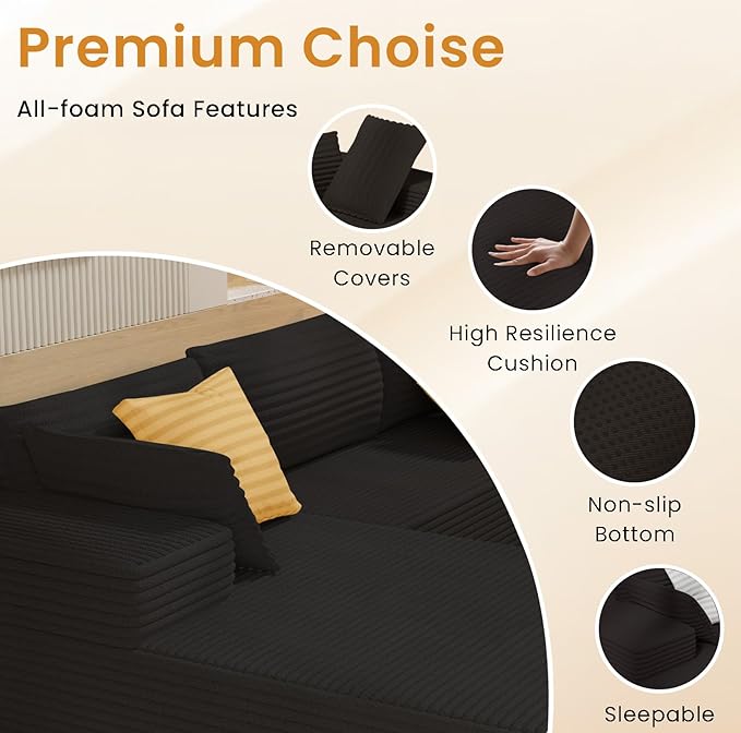 105.5" Modular Sectional Sofa L-Shape, Modular Cloud Sofa with Deep Seat for Living Room Bedroom, Upholstered Couches No Assembly Required (Black Right Facing Chaise)