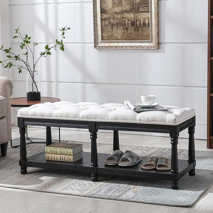 DUOMAY Mid-Century Tufted Storage Bench with Shelf, Linen Upholstered Farmhouse Entryway Shoe Bench Ottoman Bed End Stool for Bedroom Living Room Dining Room, Black Wood Frame, White