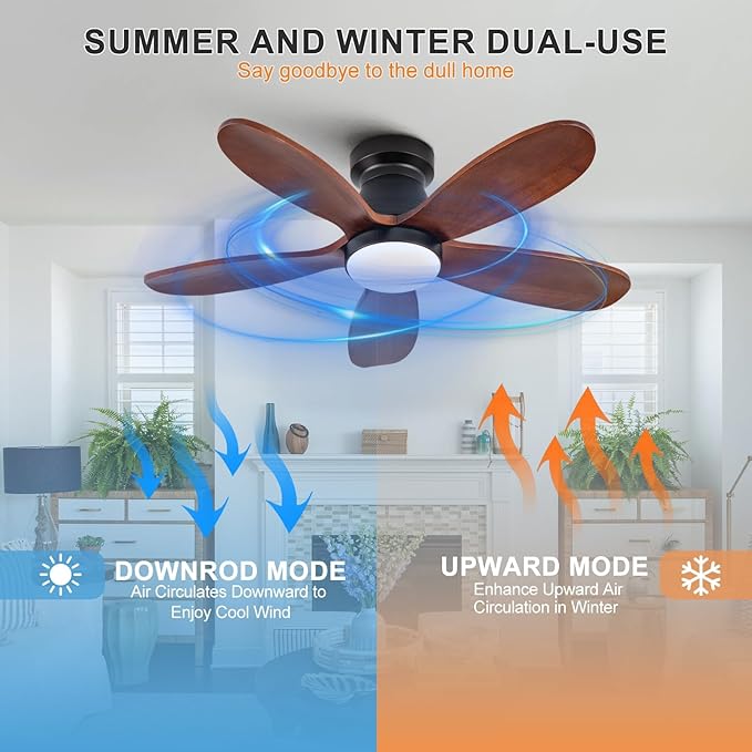 42 Inch Ceiling Fans with Lights and Remote, Low Profile Flush Mount Modern Wood Ceiling Fan with Light, 5 Blades, Wall Switch, Reversible DC Motor, Indoor Outdoor Ceiling Fan
