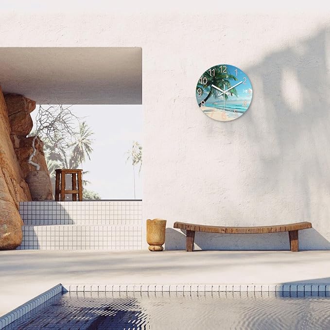 XFM Beach Wall Clock Silent Non-Ticking Battery Operated Clocks 14 Inch Blue Ocean Tropical Palm Tree Wall Clock Decorative for Living Room Kitchen Bedroom Office