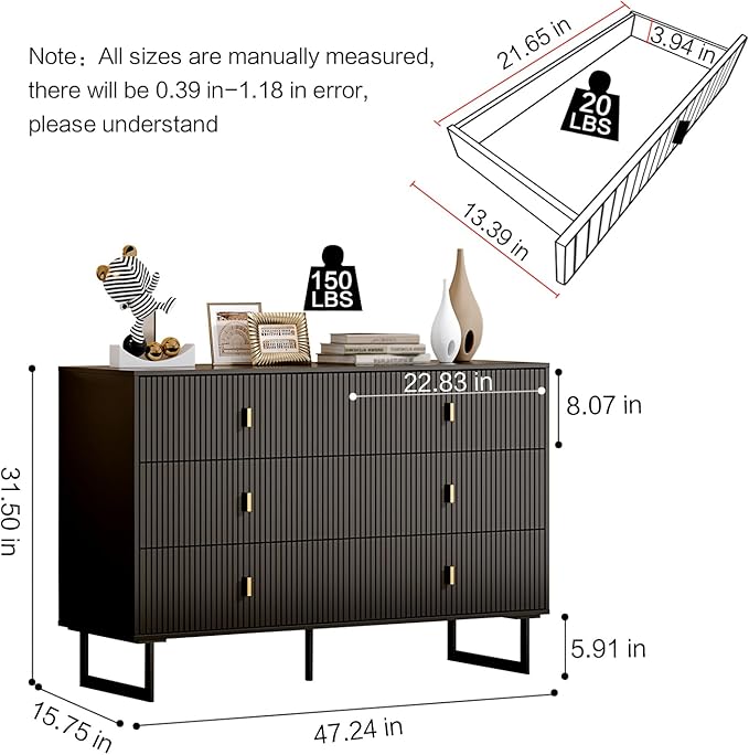 Modern Chest of Drawers with 6 Drawers,Deep Drawers,Clothes Organizer,Large Storage Cabinet for Living Room, Bedroom,Hallway,with Anti-Tipping Device,Black
