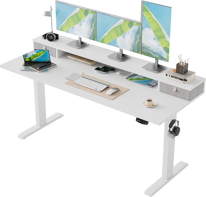 Klicelor 63 Inch Electric Standing Desk with Drawers, Adjustable Height Small Sit Stand Desk for Home Office, Compact Computer Workstation with Storage– White