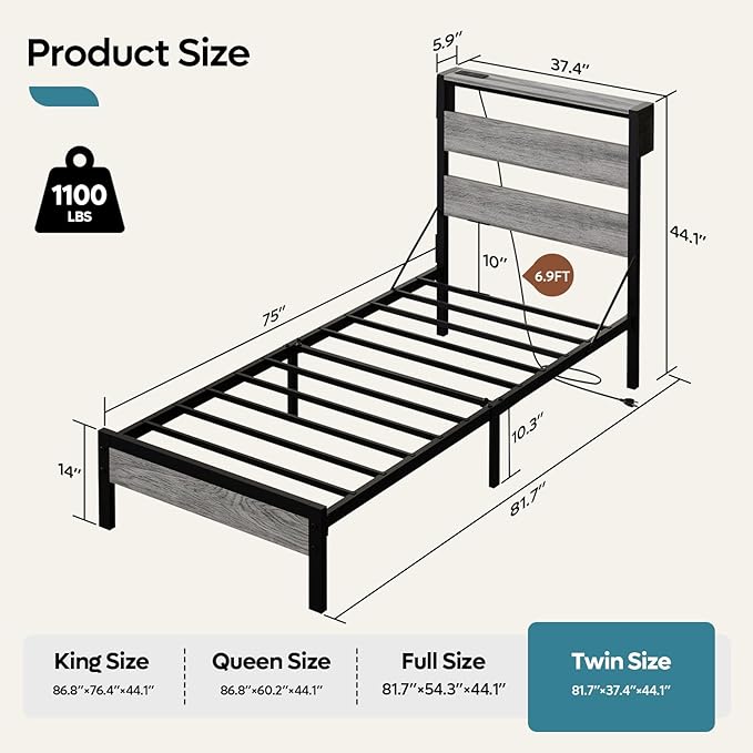 Bestier Twin Bed Frame with Storage Headboard and Charging Station, Grey Platform Bed Frame with LED Light, Non-Slip Metal Bed Frame, Noise-Free, Easy Assembly