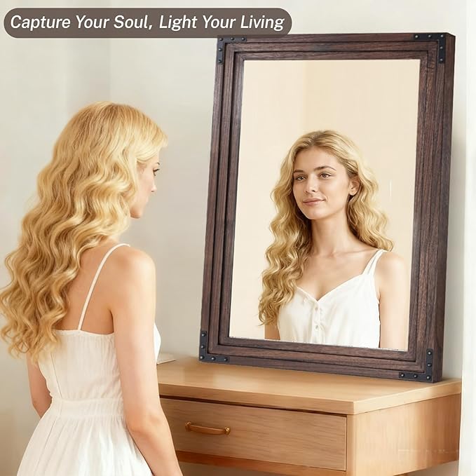 Full Length Mirror 40"x30" Solid Wood Frame Floor Standing Mirror, Hanging or Leaning Wall-Mounted for Living Room, Bedroom, Brown