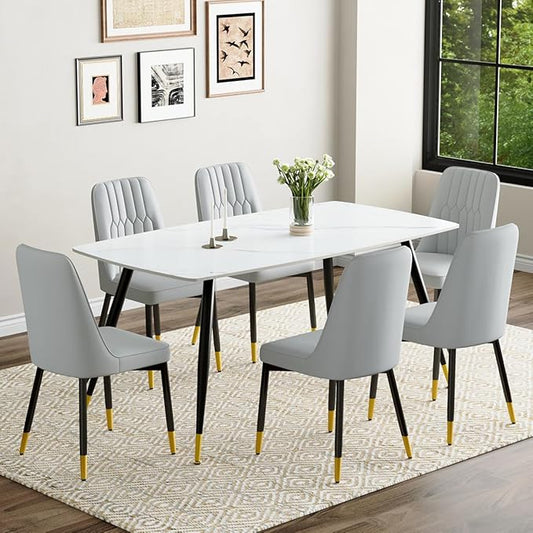 7 Piece Modern Dining Set, 62'' Sintered Stone Dinner Table for 6, 6 Chairs, Easy to Assemble