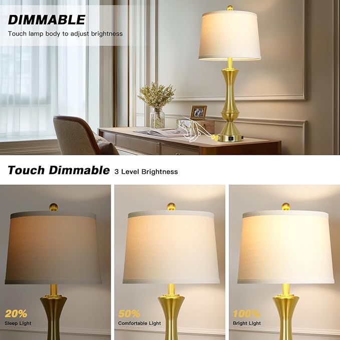 29" Tall Gold Table Lamps Set of 2 for Living Room, Touch Control Bedroom Lamps for Nightstand, 3-Way Dimmable Bedside Lamp with USB A+C Port &AC Outlets(2 LED Bulbs Included)
