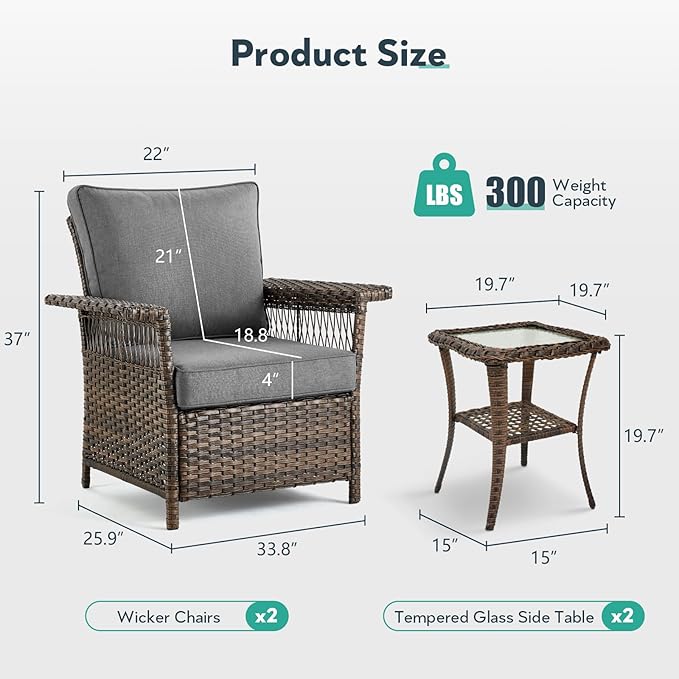 Wicker Outdoor Chairs Set - 3 Pieces Hollow Widen Armrests Patio Furniture Set with Side Table, Comfortable High Back Rattan Chairs for Balcony Porch Deck and Yard - Brown/Gray