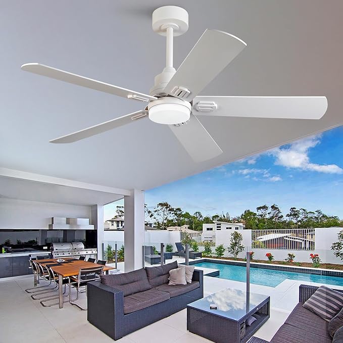 42 Inch White Outdoor Ceiling Fans with Lights and Remote, Dimmable 5 Blade Outdoor Ceiling Fans for Patios, White Ceiling Fan with Light for Bedroom Indoor Living Room