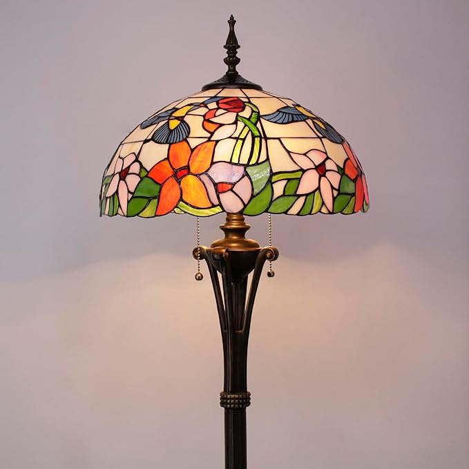 Tiffany Floor Lamp Amber Hummingbird Stained Glass Standing Reading Light 16X16X70 Inches Antique Pole Corner Lamp Decor Bedroom Office Living Room