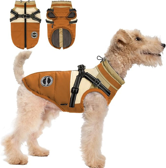 Winter Dog Coat - Waterproof, Windproof Turtleneck Fleece Vest with Harness, Reflective Snow Jacket for Small to Large Dogs, Orange XL