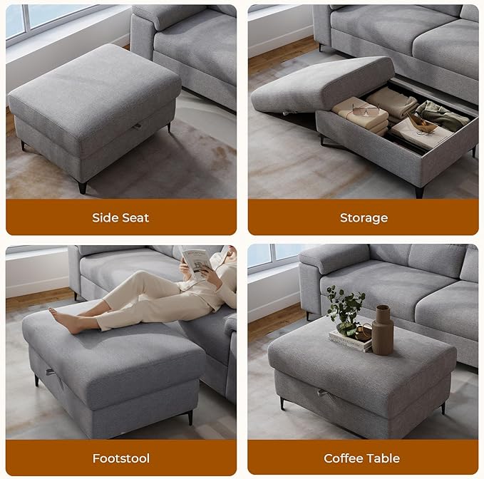 35" Large Storage Ottoman for Living Room, 7.8" Deep Seat Rectangular Ottoman Foot Rest for Couch, Chenille Storage Footstool Load 350 lb （Light Gray