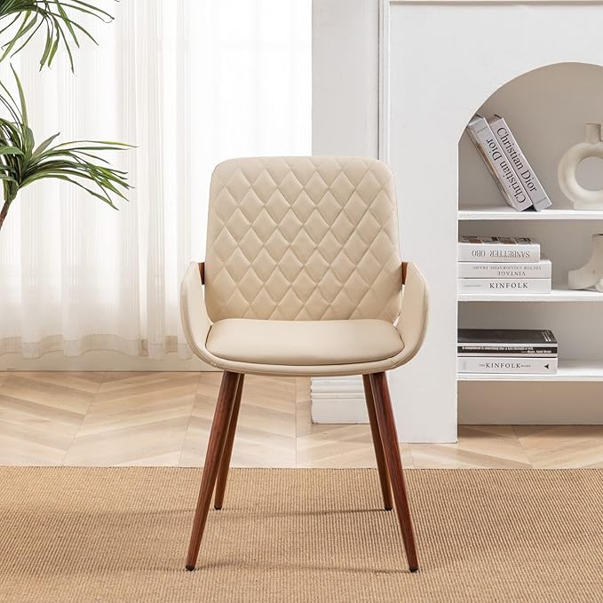 LUNLING Mid Century Modern Faux Leather Dining Room Chairs Set of 4 Upholstered Seat Metal Legs Chairs Cream White Faux Leather Kitchen Chair Reception Room Chair 4PCS