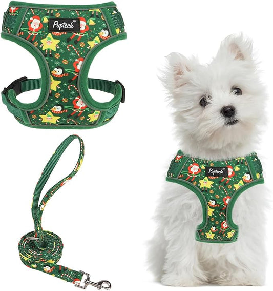 PUPTECK Christmas Small Dog Harness and Leash Set, No Pull Adjustable Puppy Cat Harness, Reflective Soft Mesh Pet Vest Small Sized, Green S
