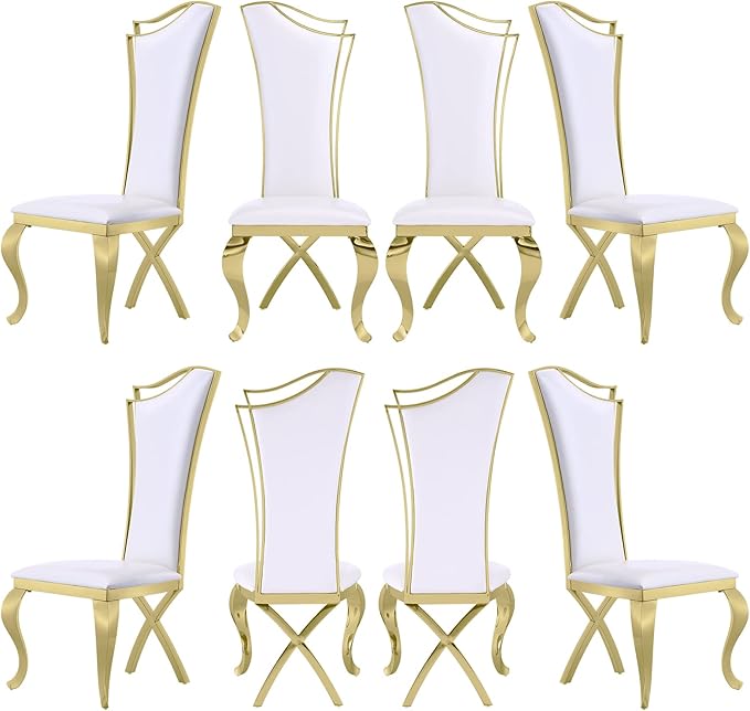White and Gold Dining Chairs Set of 8, White PU Leather Dining Room Chair with Gold Polished Metal Legs, Glam Upholstered Kitchen Chairs for Dining Room, Kitchen, Living Room
