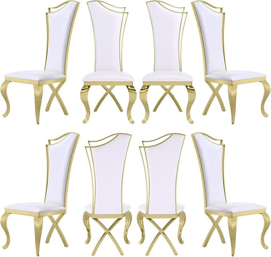 White and Gold Dining Chairs Set of 8, White PU Leather Dining Room Chair with Gold Polished Metal Legs, Glam Upholstered Kitchen Chairs for Dining Room, Kitchen, Living Room