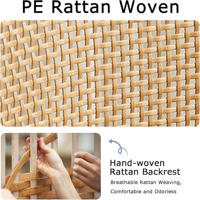 Rattan Dining Chairs Set of 6, Mid Century Modern Dining Chairs with Cane Back and Boucle Upholstered Seat, Farmhouse Kitchen Chairs for Dining Room and Living Room, Brown